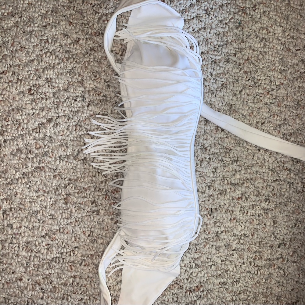 White fringe bandeau swimsuit top